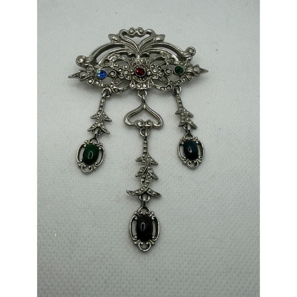 Ornate filigree brooch, colorful glass stones and dangling pendants, Silver Tone